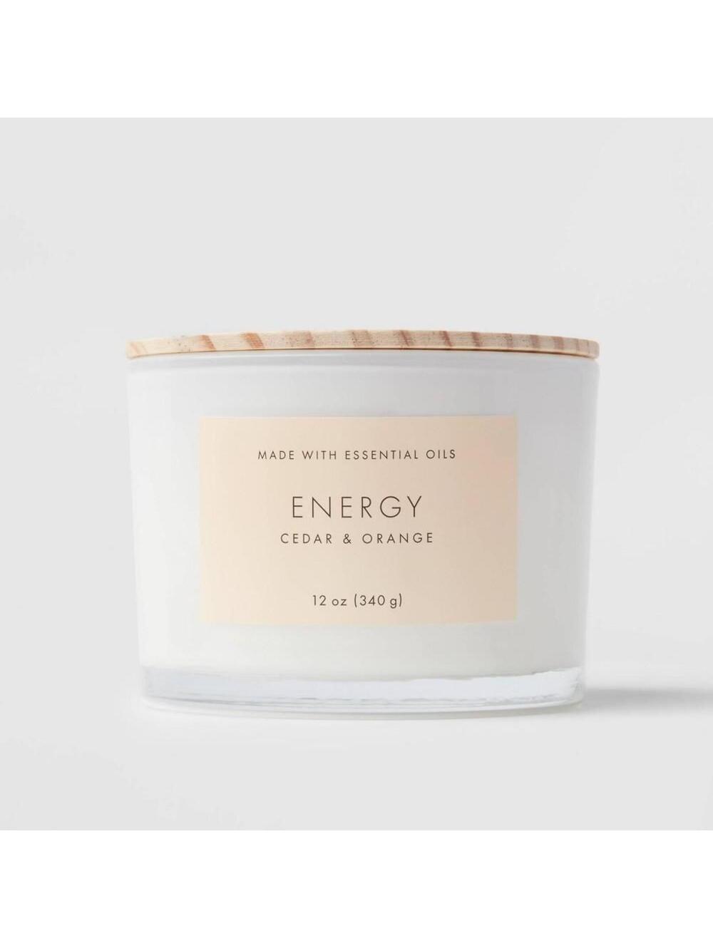 3-Wick 12oz Wood Lidded Glass Wellness Energy Candle -  Orange & Cedar Aroma